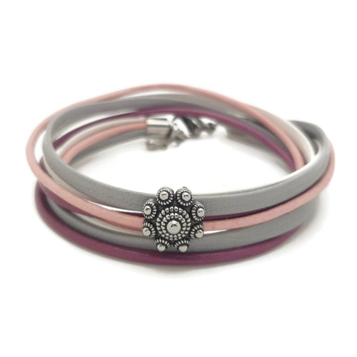 MYKK Jewelry | Sieraden RVS Zeeuwse knop armband dubbel - Roze, grijs en wit leer