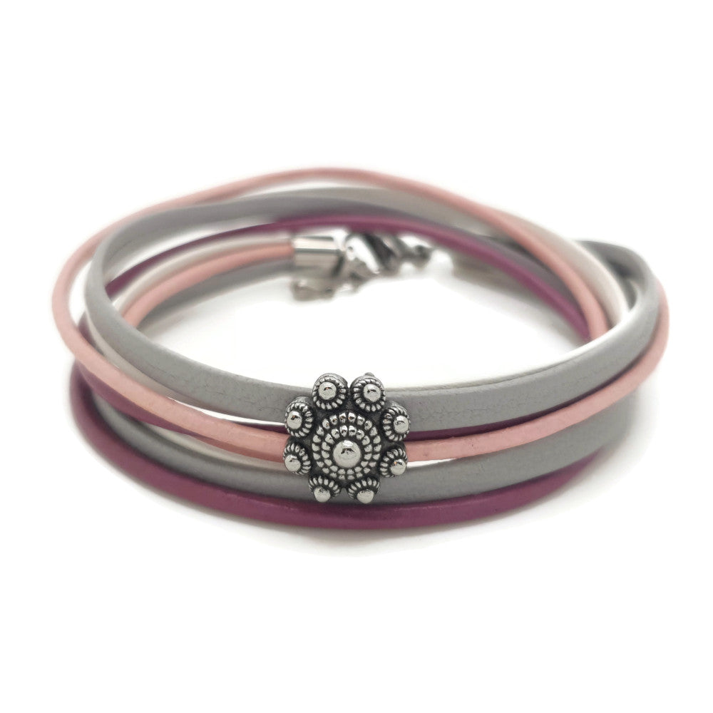 MYKK Jewelry | Sieraden RVS Zeeuwse knop armband dubbel - Roze, grijs en wit leer