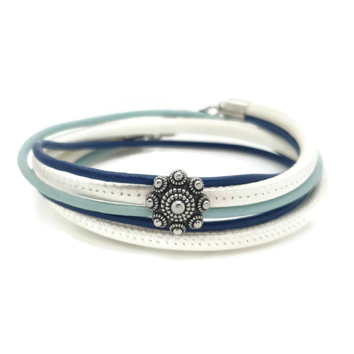 MYKK Jewelry | RVS Zeeuwse knop armband dubbel - Blauw en wit leer