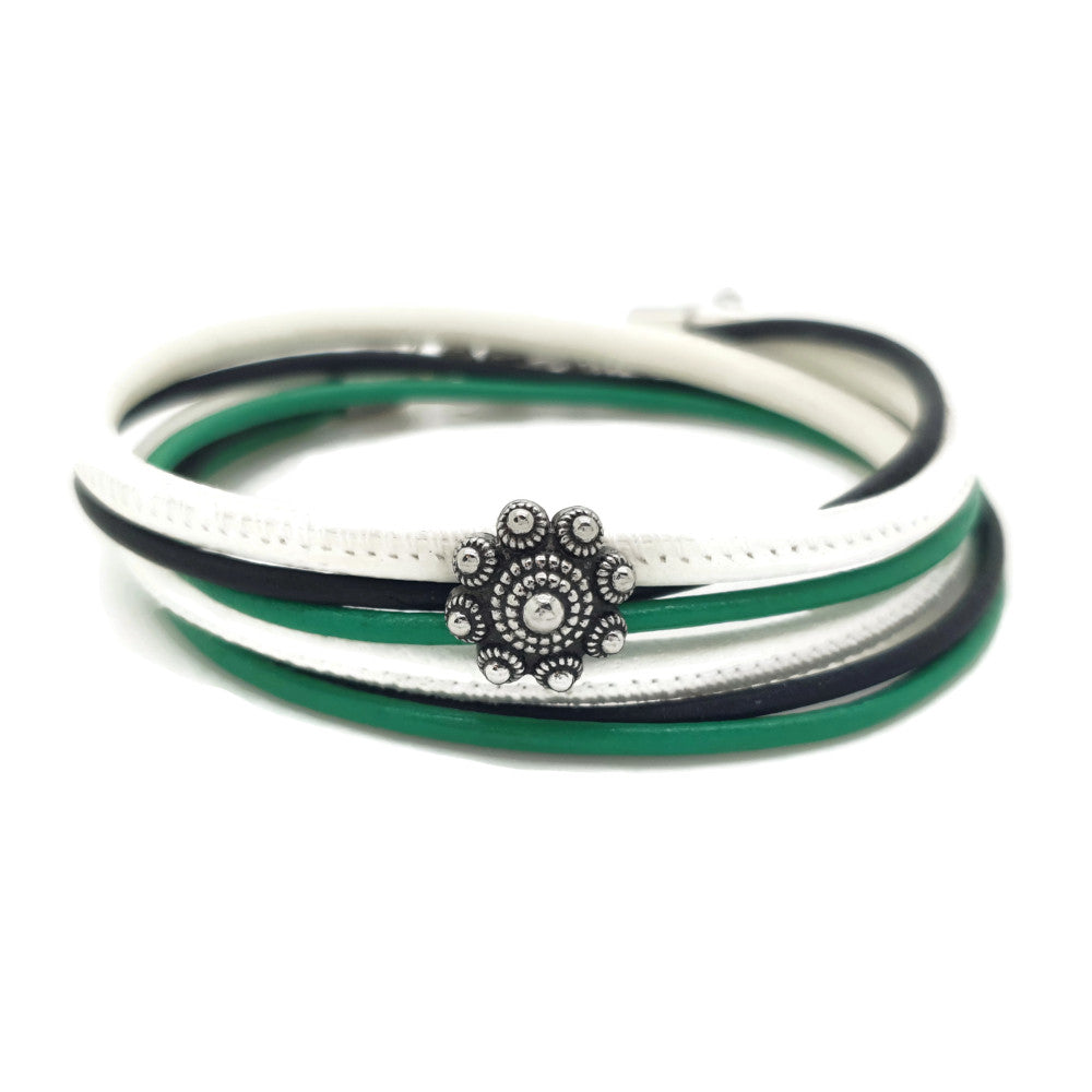 MYKK Jewelry | Sieraden RVS Zeeuwse knop armband dubbel - Groen en wit leer
