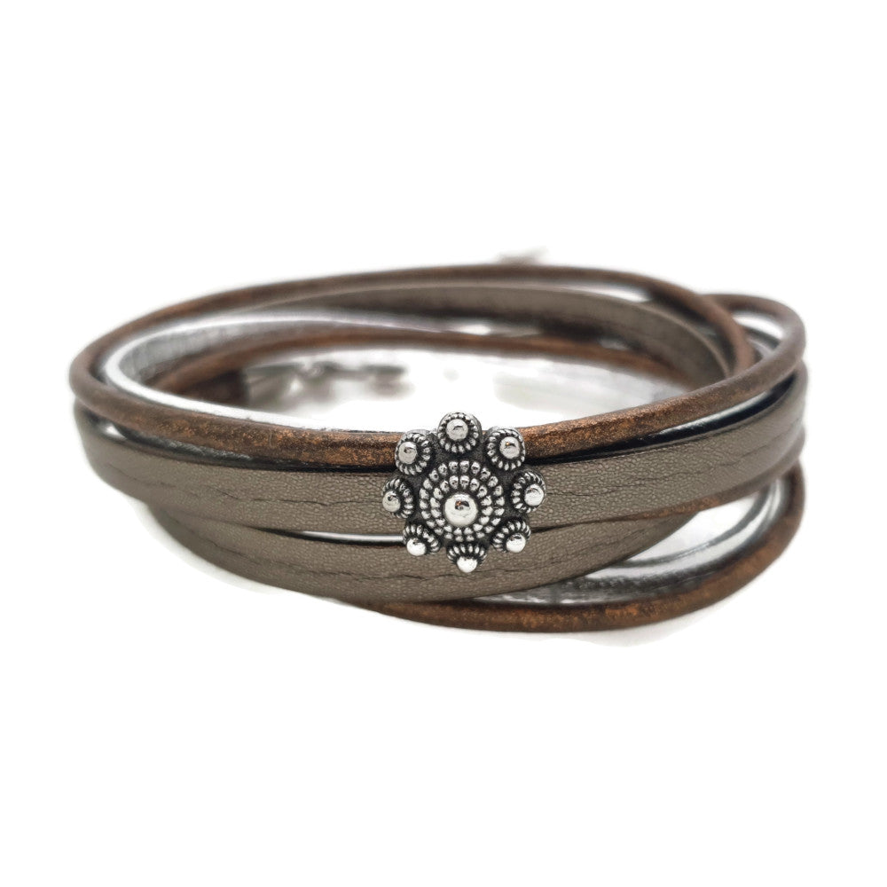 MYKK Jewelry | Sieraden RVS Zeeuwse knop armband dubbel- Bruin en zilver leer