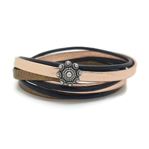 MYKK Jewelry | Sieraden RVS Zeeuwse knop armband dubbel- Rose goud en zwart leer