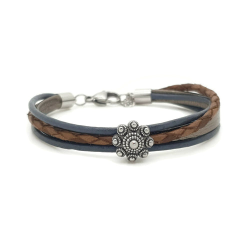 MYKK Jewelry | RVS Zeeuwse knop armband - Bruin en blauw leer