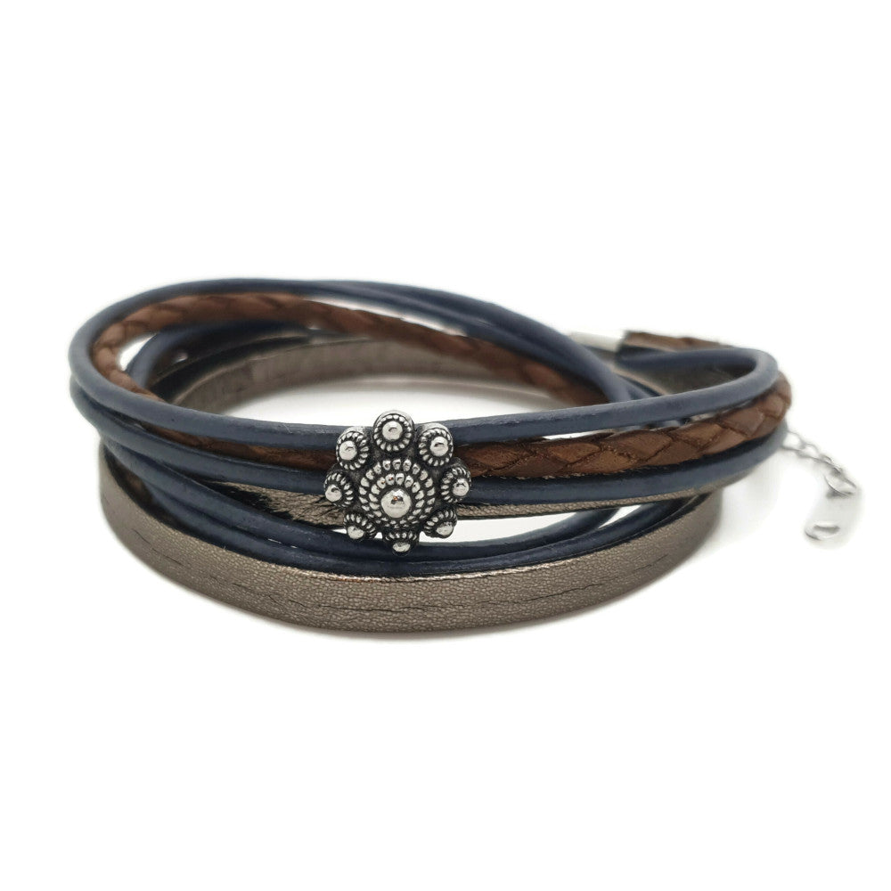 MYKK Jewelry | RVS Zeeuwse knop armband dubbel - Bruin en blauw leer sieraden