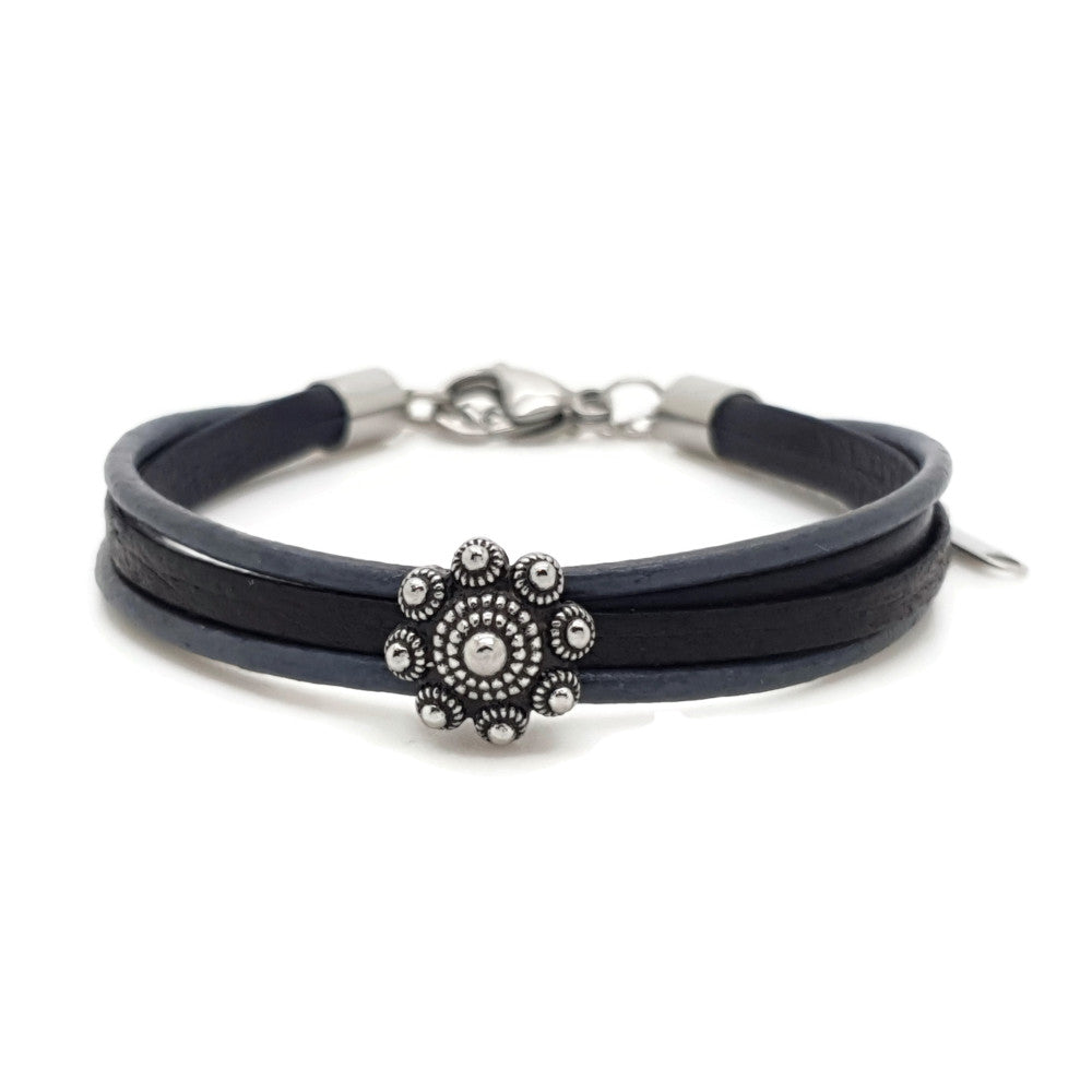 MYKK Jewelry | RVS Zeeuwse knop armband - Blauw zwart leer