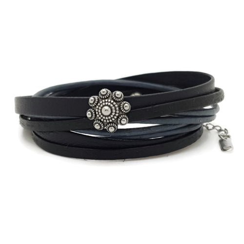 MYKK Jewelry | Sieraden RVS Zeeuwse knop armband dubbel- Blauw zwart leer