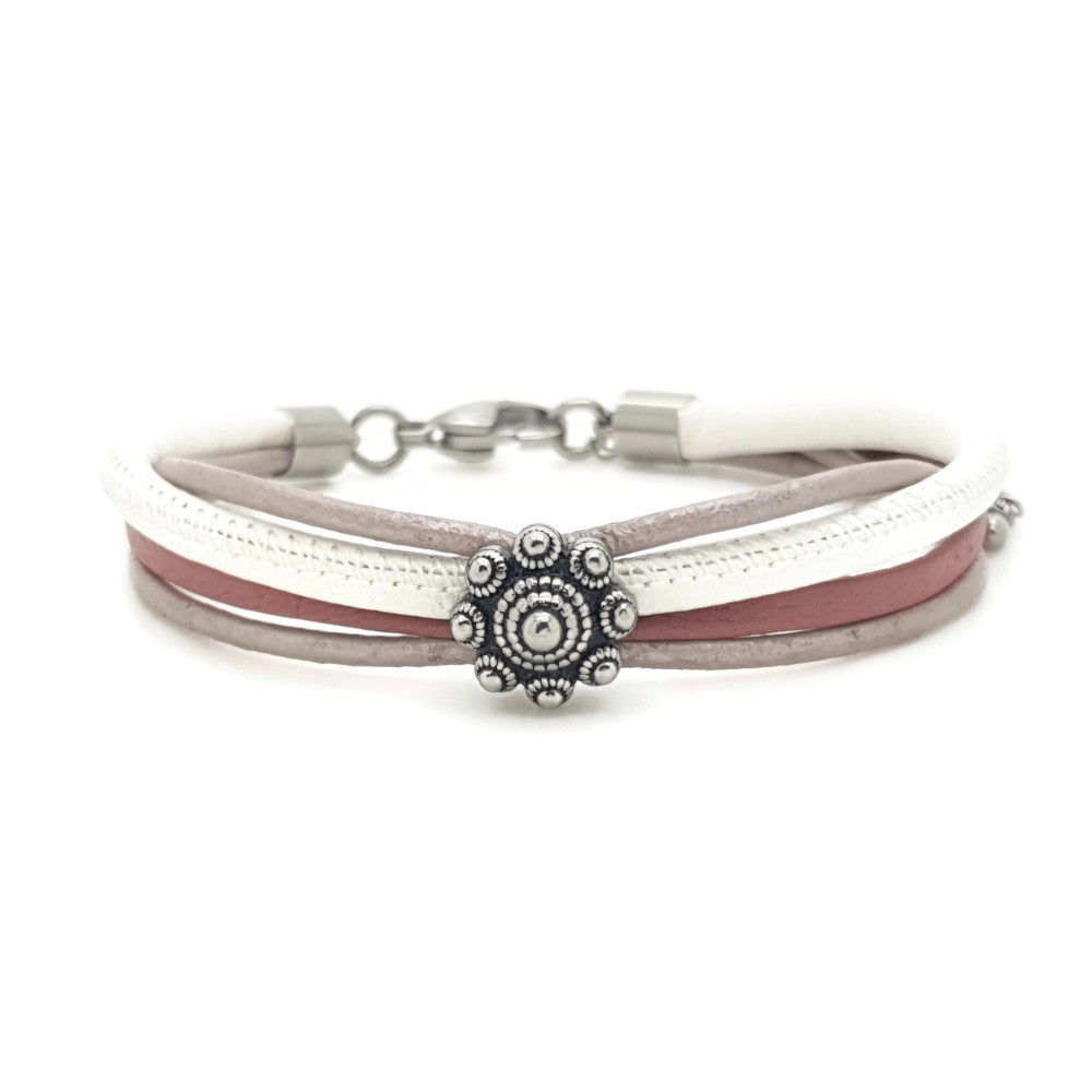 MYKK Jewelry | RVS Zeeuwse knop armband - Hard roze leer