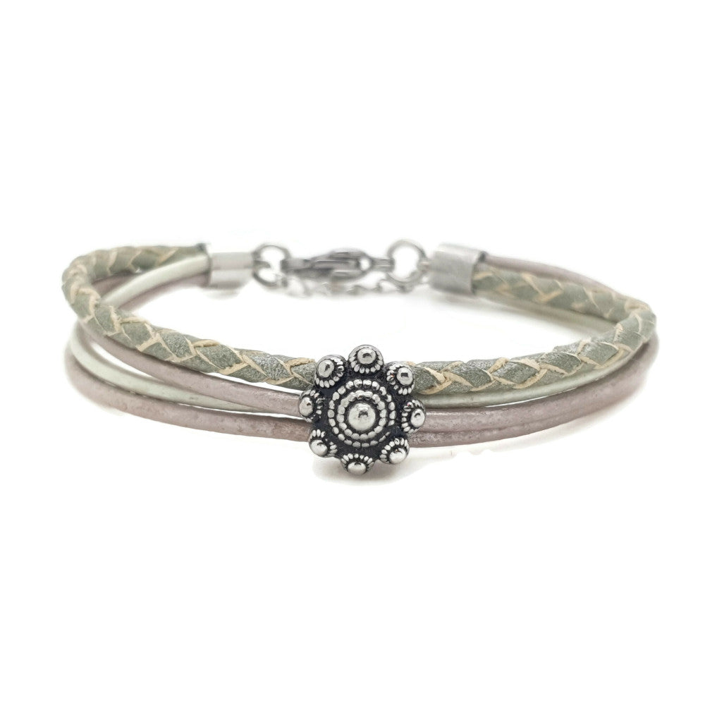 MYKK Jewelry | RVS Zeeuwse knop armband - Pastel groen leer
