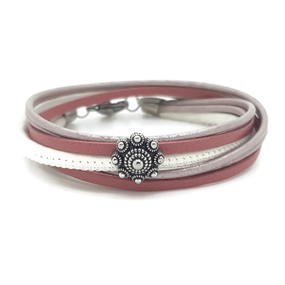 MYKK Jewelry | Sieraden RVS Zeeuwse knop armband dubbel - Hard roze leer