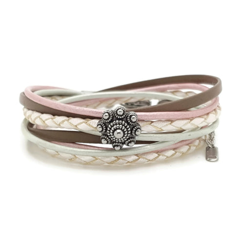 MYKK Jewelry | Sieraden RVS Zeeuwse knop armband dubbel - Pastel zacht roze leer