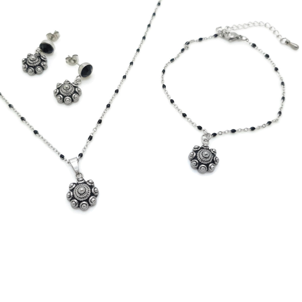 MYKK Jewelry | Zeeuwse knop - RVS sieradenset zwarte accenten armband ketting oorbellen