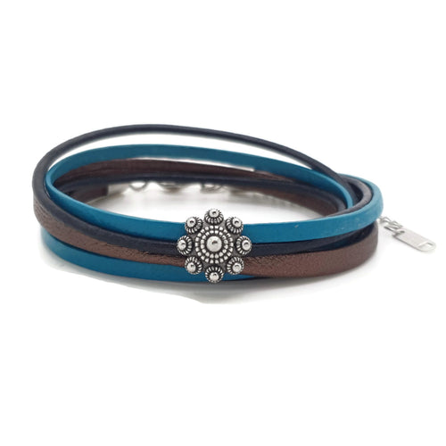 MYKK Jewelry | RVS Zeeuwse knop armband dubbel - Zwart, bruin en turquoise leer