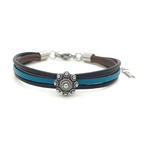 MYKK Jewelry | RVS Zeeuwse knop armband - Zwart, bruin en turquoise leer