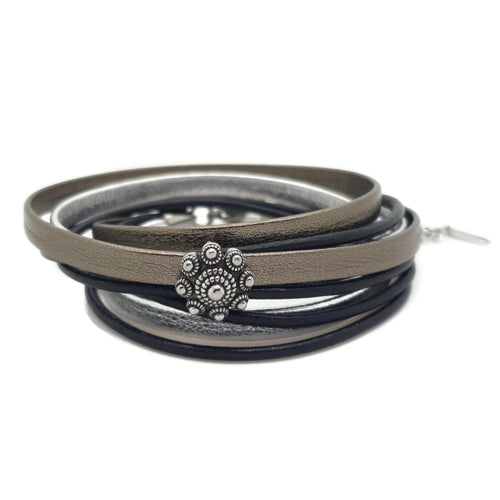 MYKK Jewelry | Sieraden RVS Zeeuwse knop armband dubbel- Zwart, zilver en platinum leer