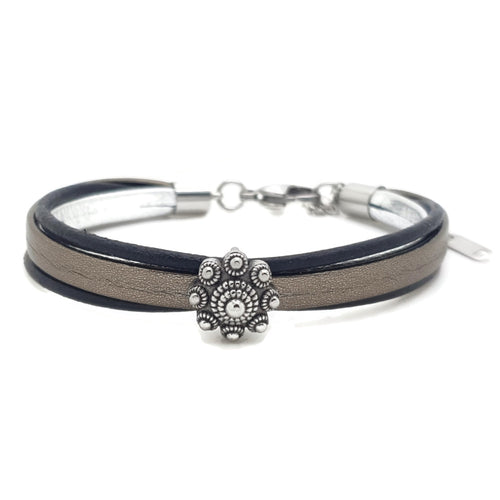 MYKK Jewelry | RVS Zeeuwse knop armband - Zwart, zilver en platinum leer