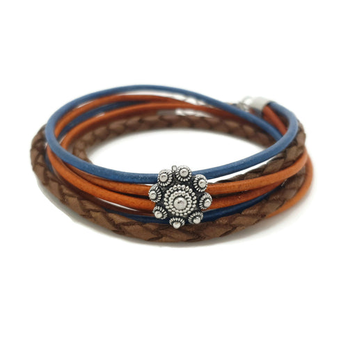 MYKK Jewelry | Sieraden RVS Zeeuwse knop armband dubbel - Blauw oranje bruin leer