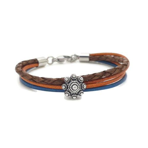 MYKK Jewelry | RVS Zeeuwse knop armband - Blauw oranje bruin leer