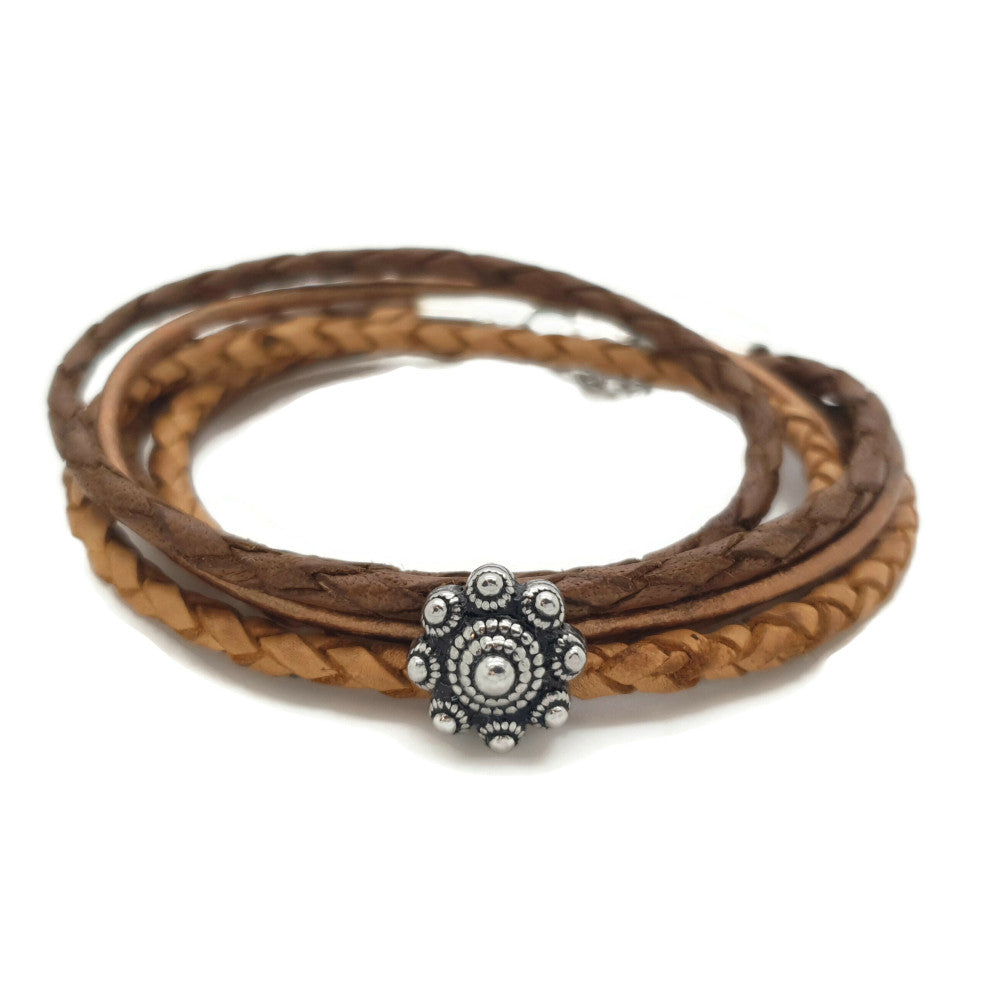 MYKK Jewelry | Sieraden RVS Zeeuwse knop armband dubbel- Triple bruin leer