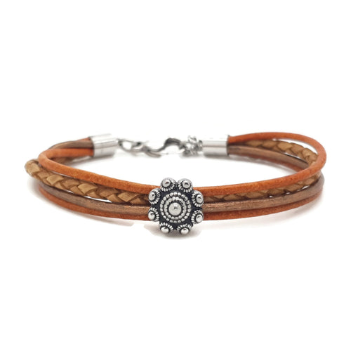 MYKK Jewelry | RVS Zeeuwse knop armband - Camel, oranje en koper leer