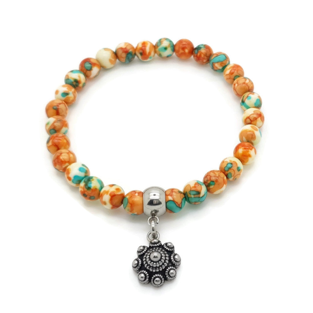 MYKK Jewelry | RVS Zeeuwse knop armband - Natuursteen licht oranje en turquoise