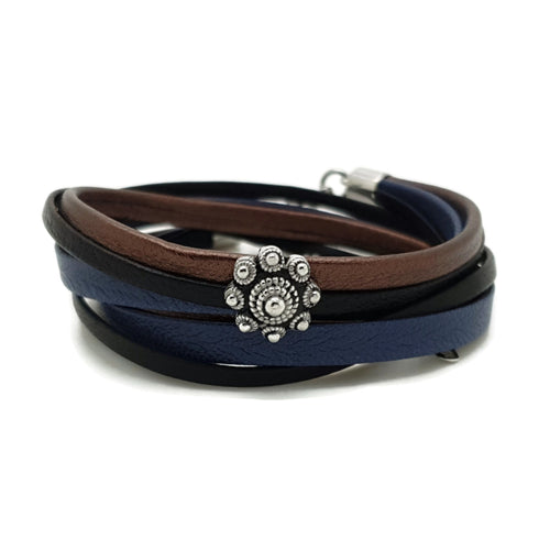 Zeeuwse knop armband dubbel - Bruin zwart en blauw leer | MYKK Jewelry