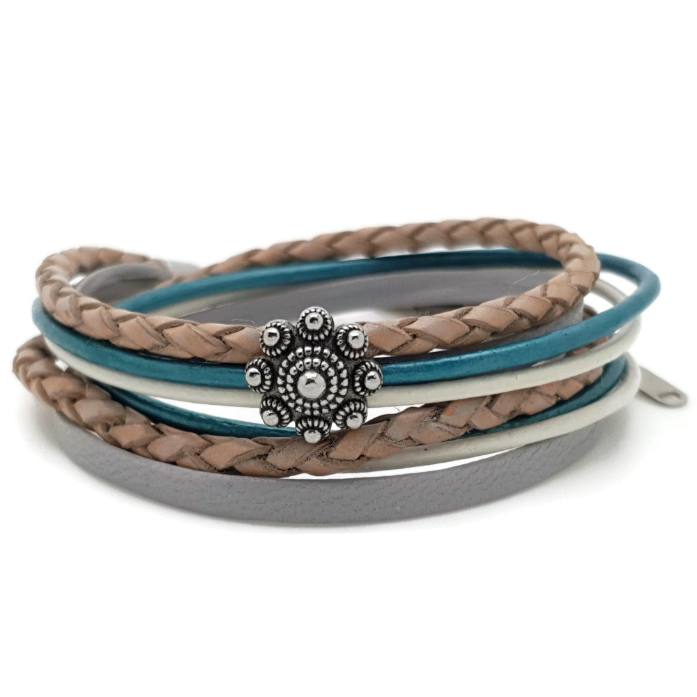 Zeeuwse knop armband dubbel - Turquoise bruin grijs leer | MYKK Jewelry
