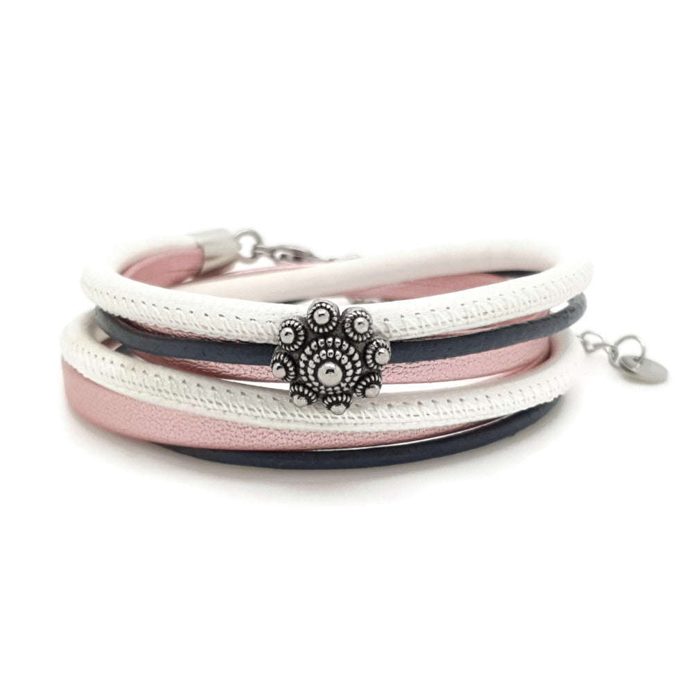 RVS Zeeuwse knop armband dubbel - Roze wit antraciet leer | MYKK Jewelry