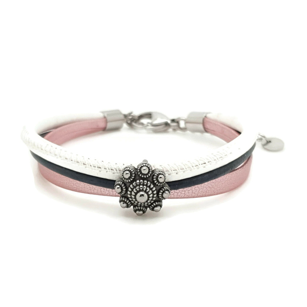 RVS Zeeuwse knop armband - Roze wit antraciet leer | MYKK Jewelry