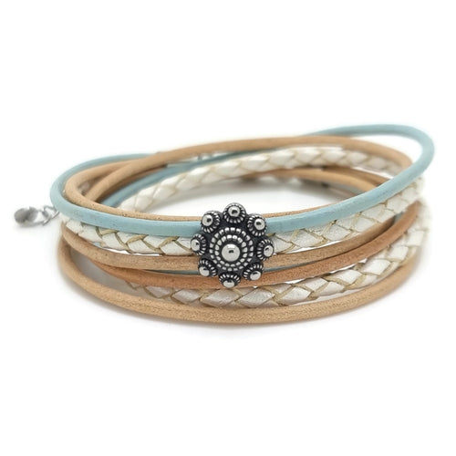 RVS Zeeuwse knop armband dubbel - Pastel blauw, parel en bruin leer | MYKK Jewelry