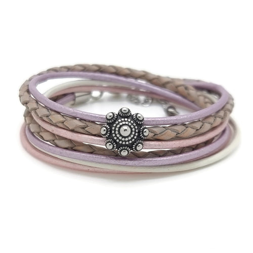 RVS Zeeuwse knop armband dubbel - Lila, roze en bruin leer MYKK Jewelry