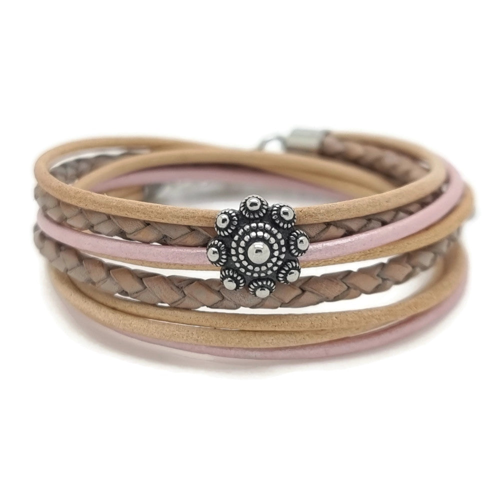 RVS Zeeuwse knop armband dubbel - Metallic roze en bruin leer | MYKK Jewelry