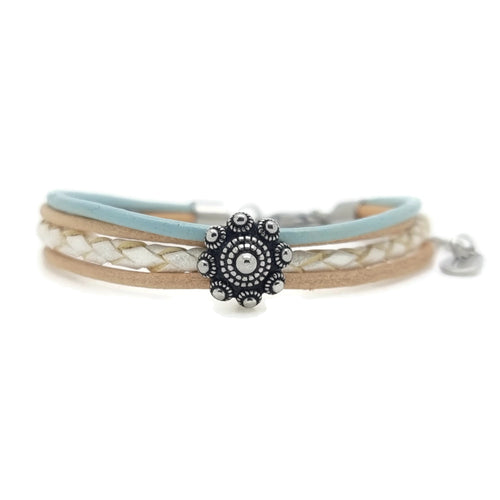 RVS Zeeuwse knop armband - Pastel blauw, parel en bruin leer MYKK Jewelry