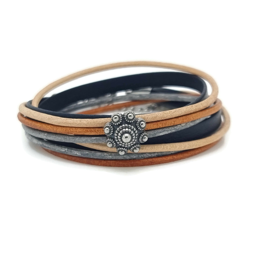 RVS Zeeuwse knop armband dubbel- Blauw, oranje, bruin en grijs MYKK Jewelry