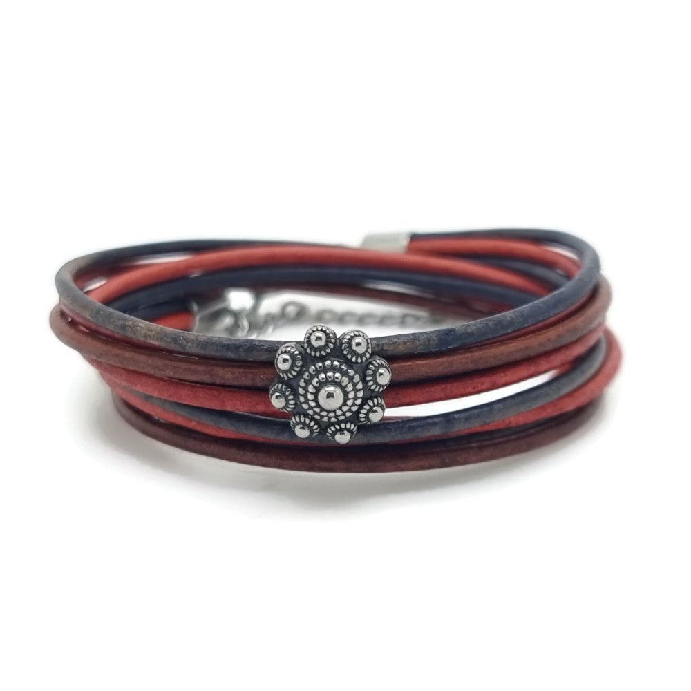 RVS Zeeuwse knop armband dubbel - Vintage rood, blauw en cognac MYKK Jewelry